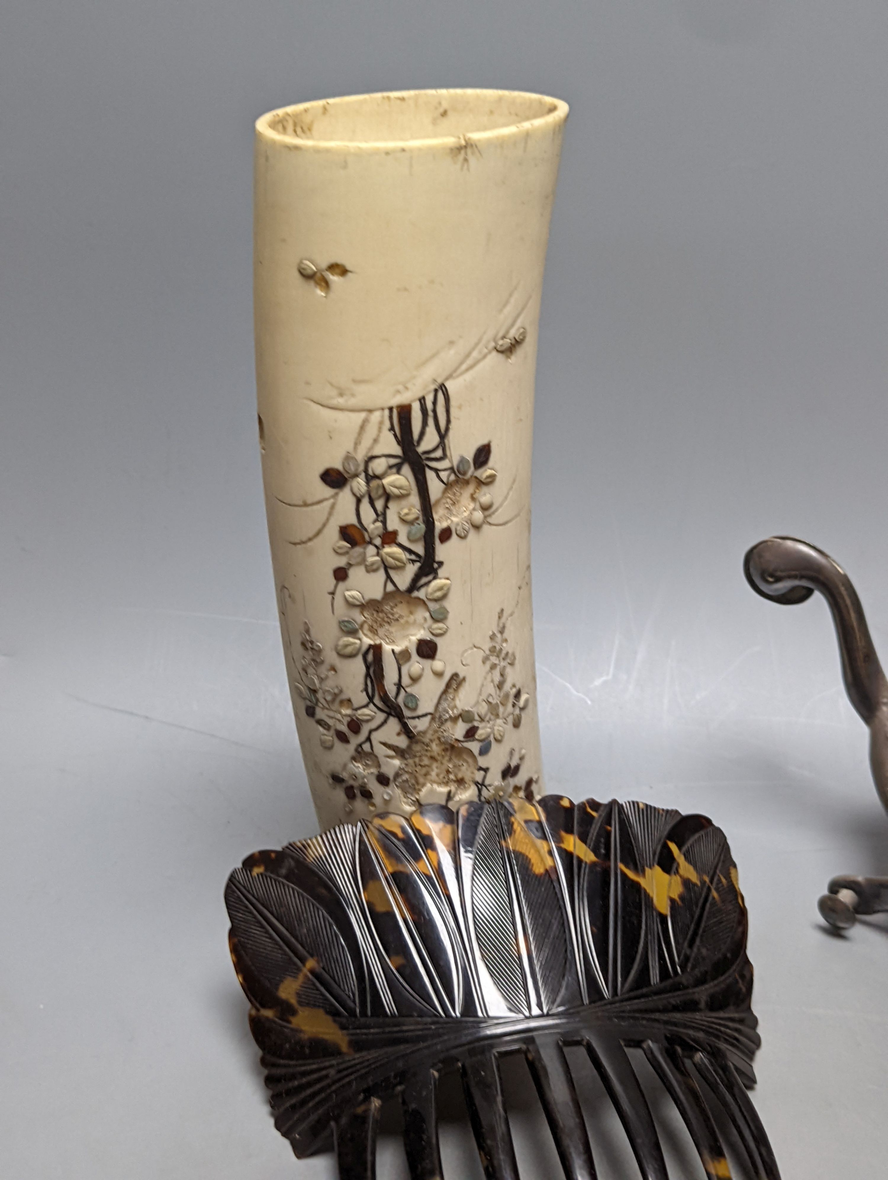 Miscellaneous items including carved wood watch stand, ‘Our Father’ cameo shell and a plated inkwell